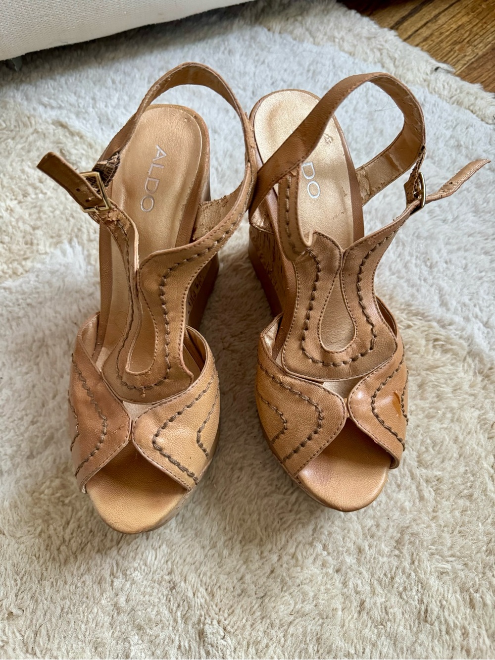 Aldo Tan Leather Cork Platform Slingback Sandals